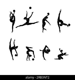 Set da ginnastica ritmica a palla vettoriale di sihouette piatto. Atleta femminile di ginnastica ritmica icone nere su sfondo bianco. Illustrazione Vettoriale