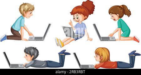 Cartoon ragazzi che utilizzano i notebook per l'illustrazione dell'apprendimento online Illustrazione Vettoriale