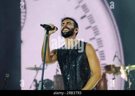 Torino, Italia. 5 luglio 2023. Il cantante italiano Marco Mengoni si esibisce sul palco dello stadio olimpico con il suo tour italiano "Mengoni negli stadi 2023" a Torino (foto di Bruno Brizzi/Pacific Press/Sipa USA) credito: SIPA USA/Alamy Live News Foto Stock