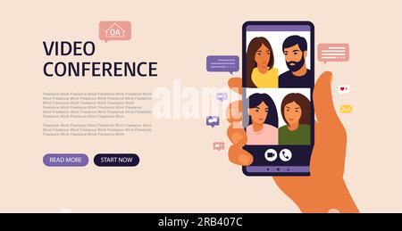 Mano che tiene lo smartphone per chattare con gli amici durante una videochiamata. Pagina di destinazione. Videoconferenza con i colleghi, discussione a distanza. Vettore Illustrazione Vettoriale