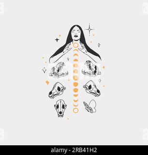 Astratto vettoriale disegnato a mano, strega magica grafica, fasi lunari e stelle in un'illustrazione minimalista in stile art-line moderno.contorno Luna e stella Illustrazione Vettoriale