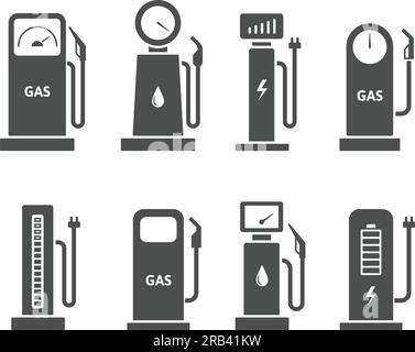 Icone delle stazioni di rifornimento auto. Pompa di benzina e benzina, caricabatterie per veicoli elettrici e set di simboli di rifornimento carburante Illustrazione Vettoriale