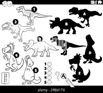 Cartoni animati in bianco e nero che mostra come trovare le ombre giuste per il gioco educativo delle immagini per bambini con il divertente caracino dei dinosauri preistorici Illustrazione Vettoriale