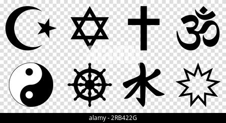 Set di simboli della religione mondiale. Islam, Ebraismo, Cristianesimo, Induismo, Taoismo, Buddhismo, confucianesimo, bahaismo. Illustrazione vettoriale Illustrazione Vettoriale