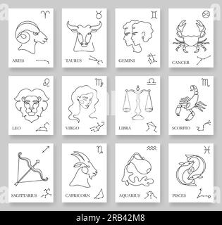 Segni zodiacali continui a una riga. Schede minimalistiche dell'oroscopo con simbolo zodiacale, illustrazione e costellazioni vettoriali Illustrazione Vettoriale