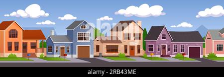 Cartoon Neighborhood Street. Case in cottage nei sobborghi, gruppo di proprietà residenziali in stile americano. Illustrazione vettoriale di proprietà immobiliari Illustrazione Vettoriale