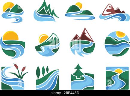 Emblema dei fiumi. Ruscelli d'acqua fluenti, icone del paesaggio naturale e set di illustrazioni vettoriali sui fiumi di montagna Illustrazione Vettoriale