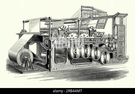 Una vecchia incisione di una stampatrice e piegatrice «Victory» del c.1870. È tratto da un libro di ingegneria meccanica vittoriana degli anni '1880 La macchina era una macchina da stampa automatica ad alta velocità, costruita da Duncan & Wilson di Liverpool, Merseyside, Lancashire, Inghilterra, Regno Unito. Fu il primo ad incorporare anche un meccanismo di piegatura della carta. La nuova stampante ha consentito ai giornali di aumentare il numero di pagine per espandere la circolazione. La "Vittoria" era in grado di stampare 9.000 giornali completi, piegati di 8 pagine all'ora. Foto Stock