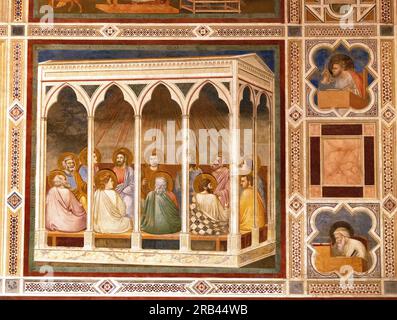 Affreschi di Giotto, Cappella degli Scrovegni, Padova - dipinti rinascimentali italiani del XIV secolo sulla vita di Cristo; qui si vedono la "Pentecoste"; Padova Italia Foto Stock