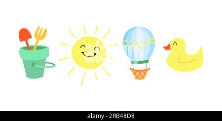 Cartoni animati con elementi per bambini. Giocattoli giocattolo, anatra, sole, ballon, sandbox. Illustrazione vettoriale. Illustrazione Vettoriale