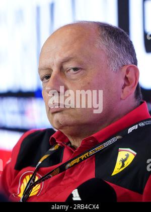 Il principio del team Ferrari Fred Vasseur durante una conferenza stampa sulla giornata di prove prima del Gran Premio di Gran Bretagna 2023 a Silverstone, Towcester. Data immagine: Venerdì 7 luglio 2022. Foto Stock