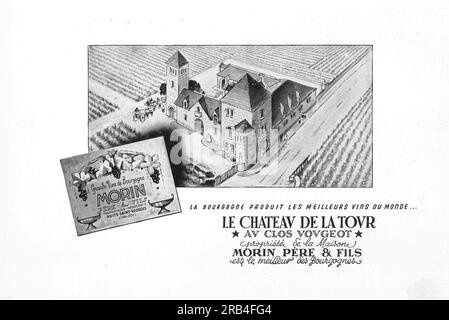 Château de la Tour - cantina Clos de Vougeot, pubblicità del vino Morin Père et Fils Bourgogne su una rivista francese 1950 Foto Stock