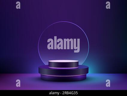 Vivi il futuro con questa futuristica vetrina 3D con vivaci colori neon su sfondo blu scuro. Scopri la cyber techno Illustrazione Vettoriale