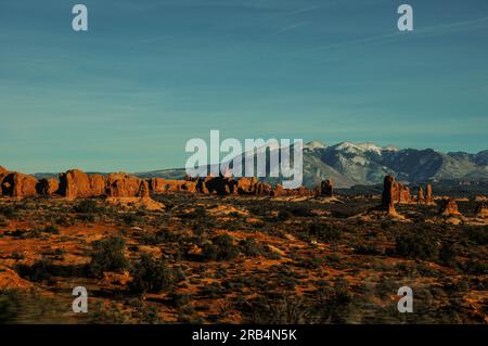 La catena montuosa di la Sal, vista dal deserto rosso dell'Arches National Park nello Utah, Stati Uniti Foto Stock