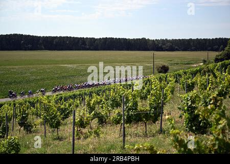 Bordeaux, Francia. 7 luglio 2023. Il gruppo di piloti raffigurati in azione durante la 7a tappa del Tour de France, una corsa di 169 km da Mont-de-Marsan a Bordeaux, Francia, venerdì 07 luglio 2023. Il Tour de France di quest'anno si svolge dal 1° al 23 luglio 2023. BELGA PHOTO JASPER JACOBS Credit: Belga News Agency/Alamy Live News Foto Stock