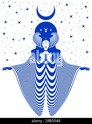 Magica dea celtica, sacerdotessa. Bella fata con corna e abito lungo. Gotico wiccan witch design sacro femminile, luna magica. isola vettoriale Illustrazione Vettoriale
