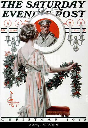 Hanging Holly, di J. C. Leyendecker. Saturday Evening Post Cover, 21 dicembre 1918 1918 di J. C. Leyendecker Foto Stock