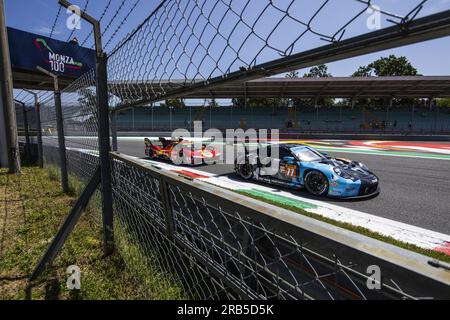 77 RIED Christien (Ger), PEDERSEN Mikkel (dnk), ANDLAUER Julien (fra), Dempsey-Proton Racing, Porsche 911 RSR - 19, azione durante le 6 ore di Monza 2023, 3° round del Campionato Mondiale di Endurance FIA 2023, dal 7 al 9 luglio 2023 sull'autodromo Nazionale di Monza, a Monza, Italia credito: Independent Photo Agency Srl/Alamy Live News Foto Stock