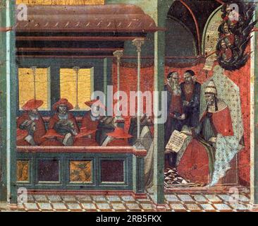 Pannello Predella. Il Papa emette una bolla a una delegazione carmelitana 1329 di Pietro Lorenzetti Foto Stock