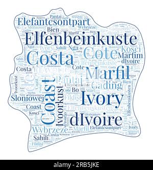 Forma della Costa d'Avorio con il nome del paese in molte lingue. Mappa della Costa d'Avorio in stile Word cloud. Elegante illustrazione vettoriale. Illustrazione Vettoriale