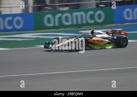 Towcester, Northants, Regno Unito. 7 luglio 2023. Oscar Piastri, McLaren, durante FridaysÕ le prove del Gran Premio di F1 Aramco a Silverstone Credit: Motofoto/Alamy Live News Foto Stock