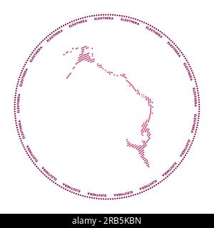 Logo rotondo Eleuthera. Forma digitale di Eleuthera in cerchio punteggiato con il nome dell'isola. Icona tecnologica dell'isola con punti sfumati. Vettoriale freddo il Illustrazione Vettoriale