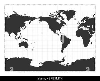 Mappa vettoriale del mondo. Proiezione cilindrica Miller. Mappa geografica del mondo pianeggiante con linee di latitudine e longitudine. Centrato a 120 gradi di longitudine E. VECTO Illustrazione Vettoriale