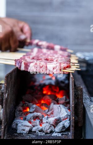 Primo piano di una fila di "arrosticini" pronti da cuocere. Un piatto tipico dell'Abruzzo, gli "arrosticini" sono preparati con castrato di montone o agnello. Foto Stock