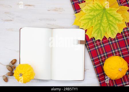 Foglie gialle, quadri a scacchi rossi, ghiande e quaderno vuoto. Concetto autunnale, studio, lavoro. Copia spazio Foto Stock