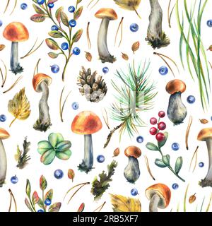 Funghi di bolo commestibili della foresta con mirtilli, lingonberries, ramoscelli, coni, erba e foglie autunnali. Illustrazione acquerello, disegnata a mano. Senza interruzioni Foto Stock