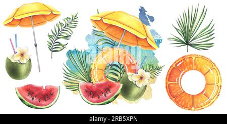 Ombrellone da spiaggia giallo con anello gonfiabile con stampa arancione, cocktail in cocco, anguria e foglie tropicali. Illustrazione acquerello, disegnata a mano. Imposta Foto Stock
