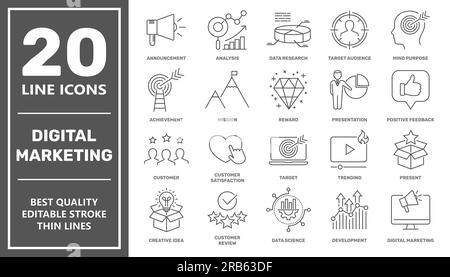 Set di icone Web Digital Marketing in stile linea. Social, reti, feedback, comunicazione, marketing, e-commerce. Illustrazione vettoriale. Modificabile Illustrazione Vettoriale