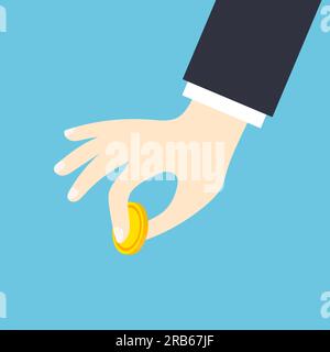 Mano che tiene moneta d'oro. Moneta schiacciata tra le dita. Risparmi di denaro o donazioni. Illustrazione vettoriale isolata in uno stile piatto alla moda. Illustrazione Vettoriale