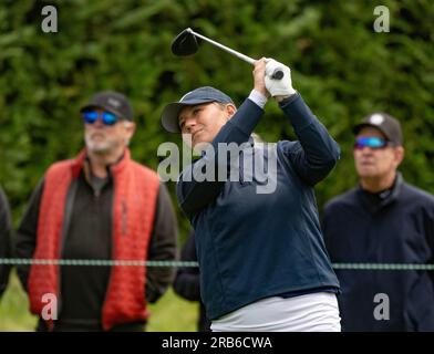 Pebble Beach, Stati Uniti. 7 luglio 2023. Bailey Tardy e 7a buca nel secondo round delle donne statunitensi Aperto a Pebble Beach, California, venerdì 7 luglio 2023. Foto di Terry Schmitt/UPI credito: UPI/Alamy Live News Foto Stock