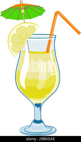 Illustrazione a colori del bicchiere da cocktail con bevanda al limone. Illustrazione vettoriale della limonata con ombrello da cocktail, fetta di limone e paglia. Illustrazione Vettoriale