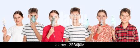 Terapia inalatoria. Collage con foto di bambini che utilizzano nebulizzatori su sfondo chiaro Foto Stock
