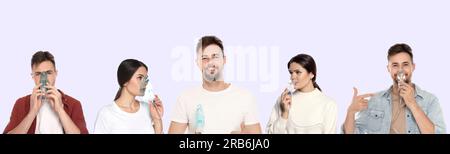 Terapia inalatoria. Collage con foto di persone che utilizzano nebulizzatori su sfondo chiaro Foto Stock