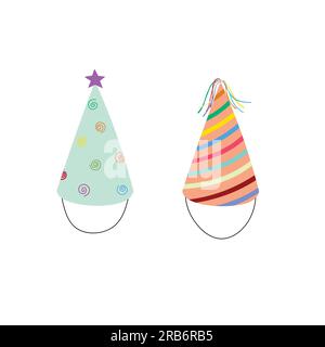 Colorati cappelli di compleanno in stile cartoni animati. Cappelli da compleanno in stile doodle. Disegnare a mano elementi per il concetto di festa di compleanno Illustrazione Vettoriale