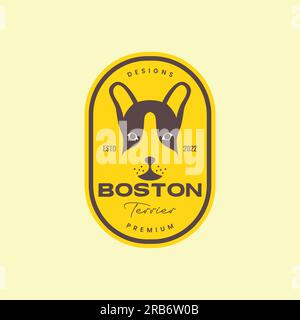animali domestici testa di cane boston terrier badge vintage con logo vettore di design Illustrazione Vettoriale