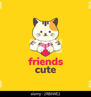 animali domestici cuccioli gattino heart love carino cartone animato mascotte logo design vettore Illustrazione Vettoriale