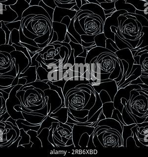 Vector seamless pattern. Contorno nero rose fiori su sfondo scuro Illustrazione Vettoriale