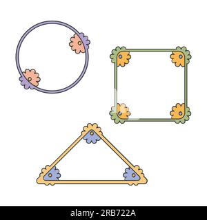 Set di cornici per doodle floreali. Cartone animato retrò disegnato a mano in stile anni '70, linea di traccia pennello. Tavole geometriche, triangolo, cerchio, forme quadrate, colorate Illustrazione Vettoriale