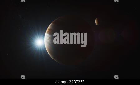 Illustrazione realistica animazione 3D di Giove e della sua luna io, Europa, Ganimede o Callisto che ruotano nello spazio buio. Sole, stelle e galassie sullo sfondo. Sistema solare pianeta. Esplorazione dell'universo. Foto Stock