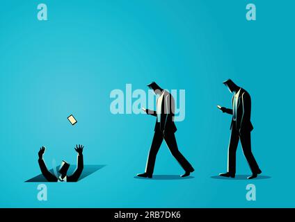 Illustrazione concettuale degli uomini con telefoni cellulari, concetto di ignoranza, impatto sui social media Illustrazione Vettoriale