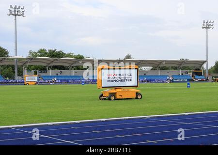 Vista interna dello stadio in vista dei Campionati di atletica leggera del Regno Unito alla Manchester Regional Arena, Manchester, Regno Unito, 8 luglio 2023. (Foto di Conor Molloy/News Images) Foto Stock