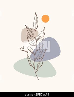 Poster con elementi di design minimalisti in stile Boho . Foglia murale, decoro domestico, foglie disegnate a mano. Illustrazione vettoriale Illustrazione Vettoriale