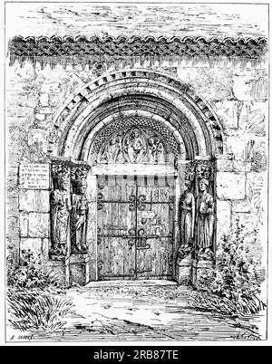 Un'illustrazione dell'inizio del XIX secolo di una porta romanica dell'ex cattedrale cattolica romana costruita tra il XII e il XVI secolo a Saint-Bertrand-de-Comminges, alta Garonna, Francia sud-occidentale. Fu sede dell'antica diocesi di Comminges. Foto Stock