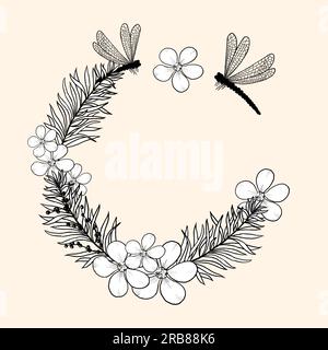 Cartolina, invito con Dragonflies e Fiori. Arrotondare le cornici vuote. Illustrazione in linea di un insetto e di un ramo con bacche. Telaio Wreath su A. Foto Stock