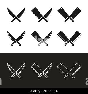 Set di coltelli incrociati per carne da chef macellaio silhouette di Cleaver in retro vintage Hipster per la caccia avventurosa Butchery Deli Restaurant Business Illustrazione Vettoriale