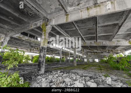 Interno dell'edificio abbandonato. Rovine di una fabbrica industriale Foto Stock